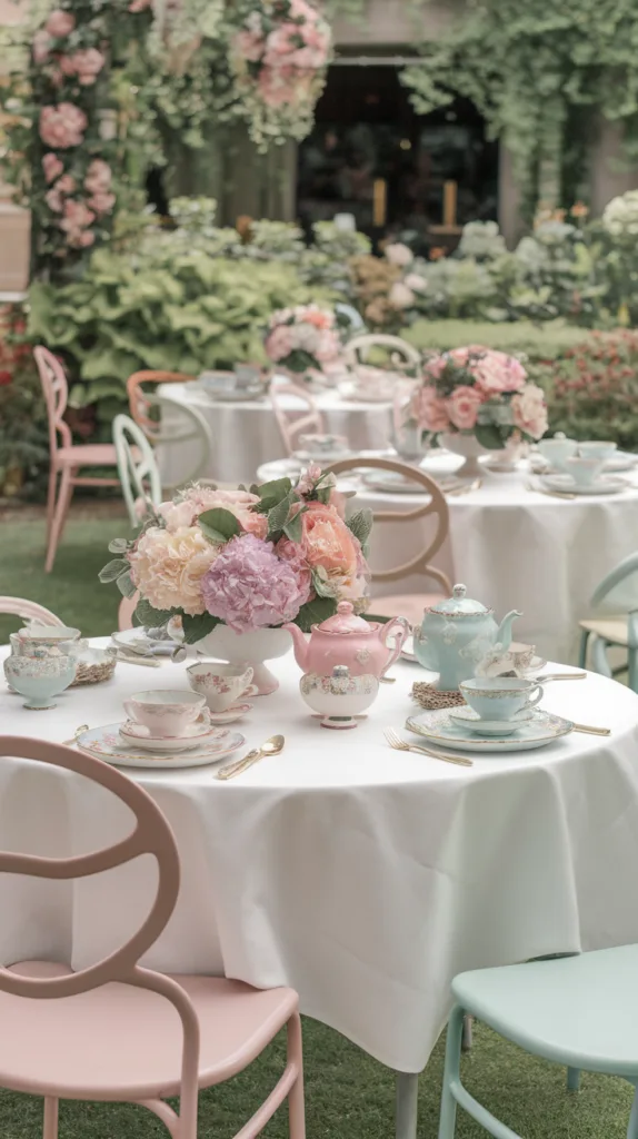 Bachelorette Party Themes - Beautifully arranged garden tea party setting with floral decorations and pastel-colored tea sets.