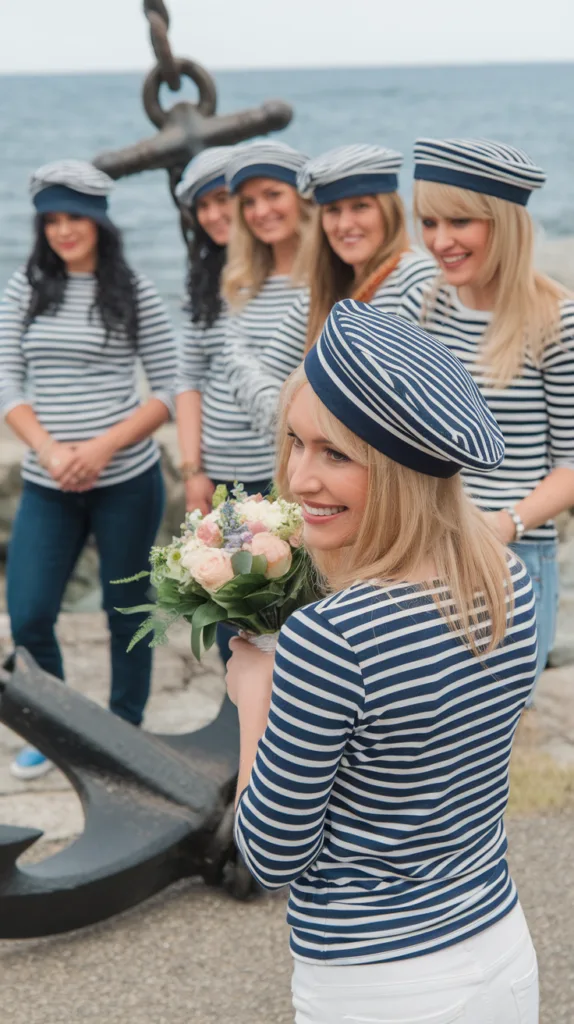 Bachelorette Party Themes - Group of women in sailor outfits celebrating a nautical themed bachelorette party near a lighthouse