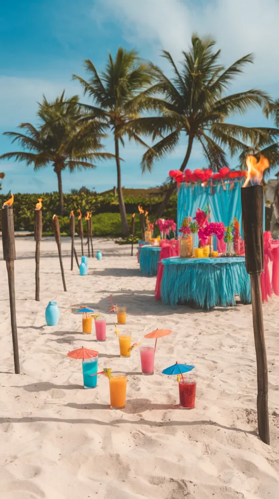Bachelorette Party Themes - A vibrant tropical beach setup for a bachelorette party with colorful drinks and decorative elements.