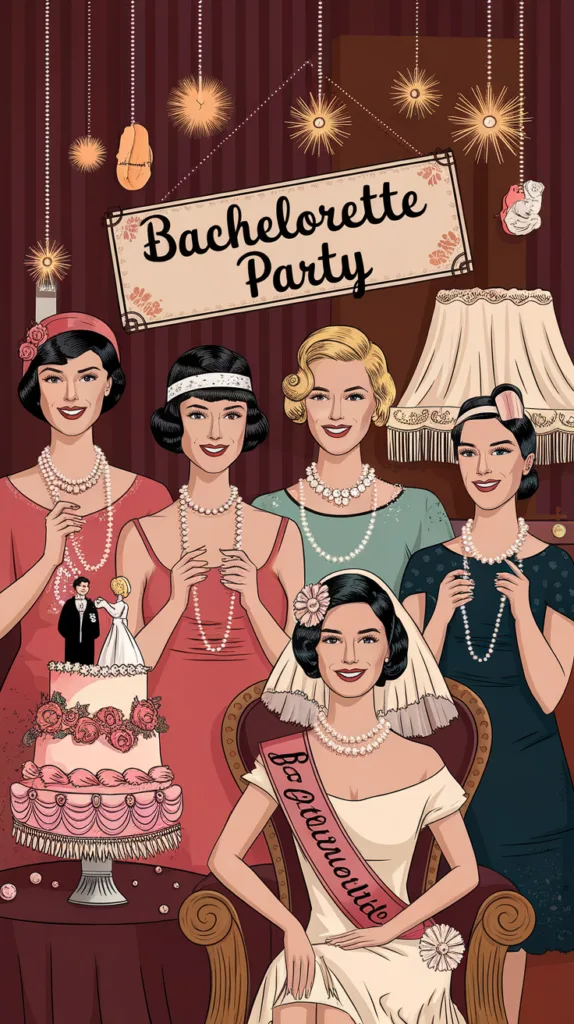 Bachelorette Party Themes - Illustration of a vintage bachelorette party with women in glamorous outfits and a wedding cake.
