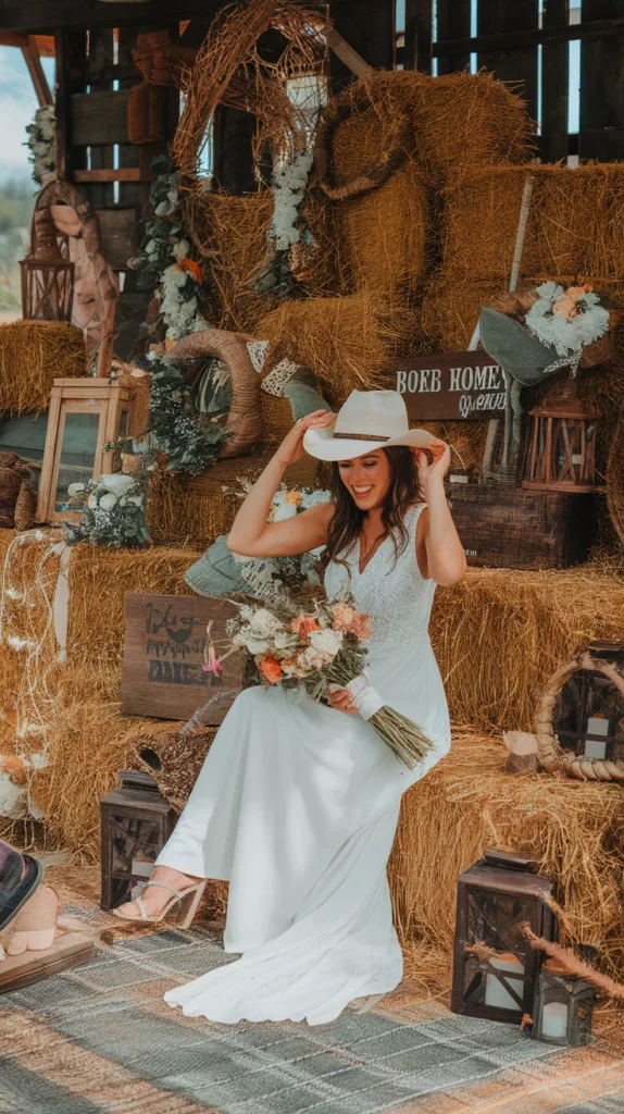 Bachelorette Party Themes - Bride-to-be sitting on hay bales at a Wild West themed bachelorette party with friends around her.