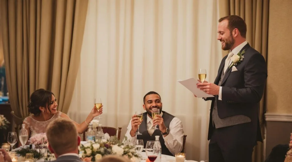 A groom giving a heartfelt speech at an intimate wedding reception with close friends and family.