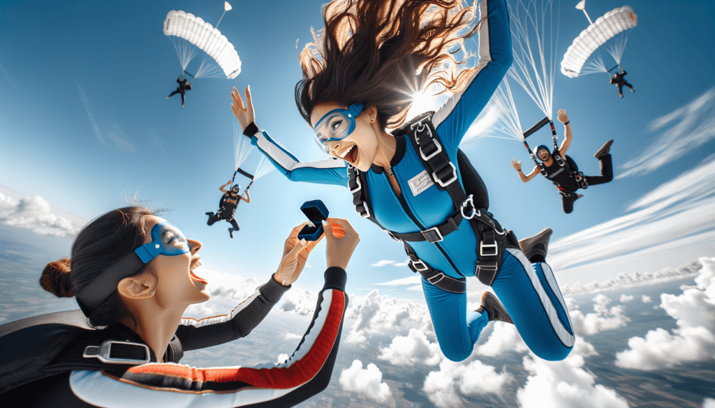 Woman is proposing to her girlfriend during sky diving. Adventure proposal