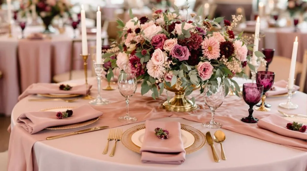 A romantic fall wedding venue featuring mauve tablecloths My Wedding Journey - Top Wedding Color Trends for 2025