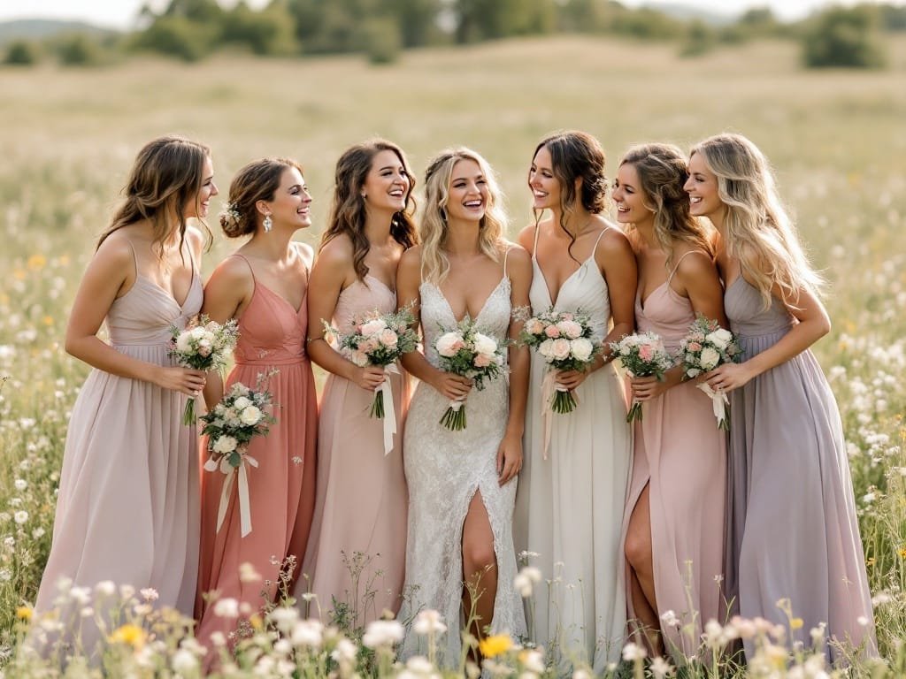 Bridesmaids in mismatched pastel dresses posing in a field of wildflowers