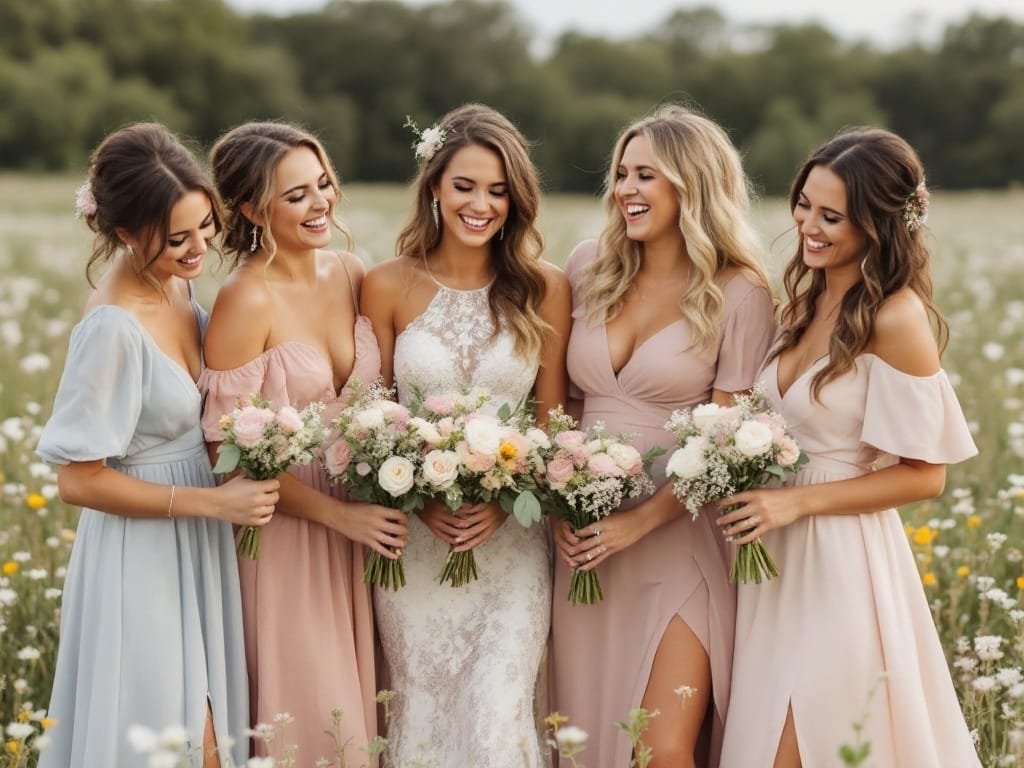 Bridesmaids in mismatched pastel dresses posing in a field of wildflowers