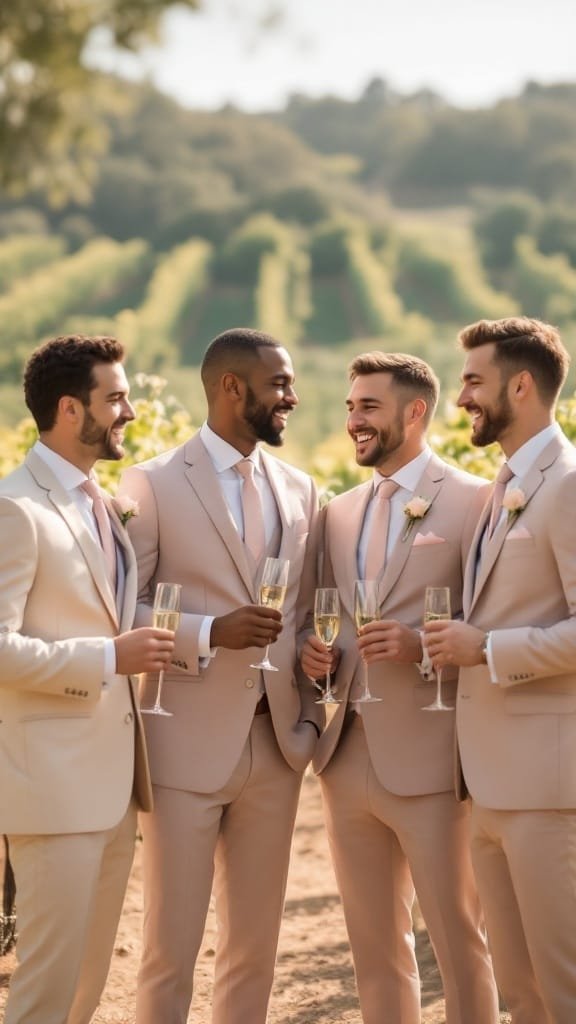 Stylish groom in a light gray suit with pastel accents at a vineyard wedding