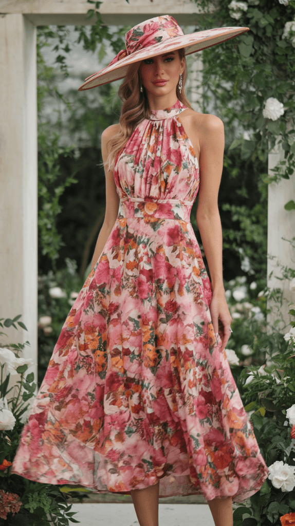 Elegant outdoor spring wedding with guests in pastel attire under cherry blossoms