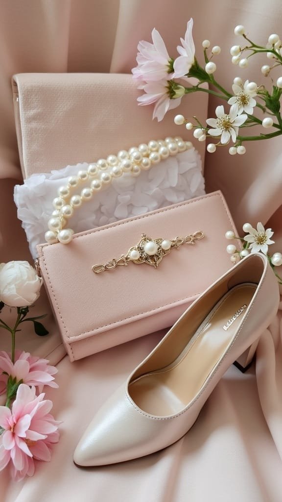 Chic spring wedding accessories including pearl earrings, floral hairpiece, and blush clutch