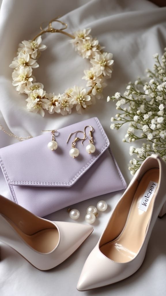 Chic spring wedding accessories including pearl earrings, floral hairpiece, and blush clutch