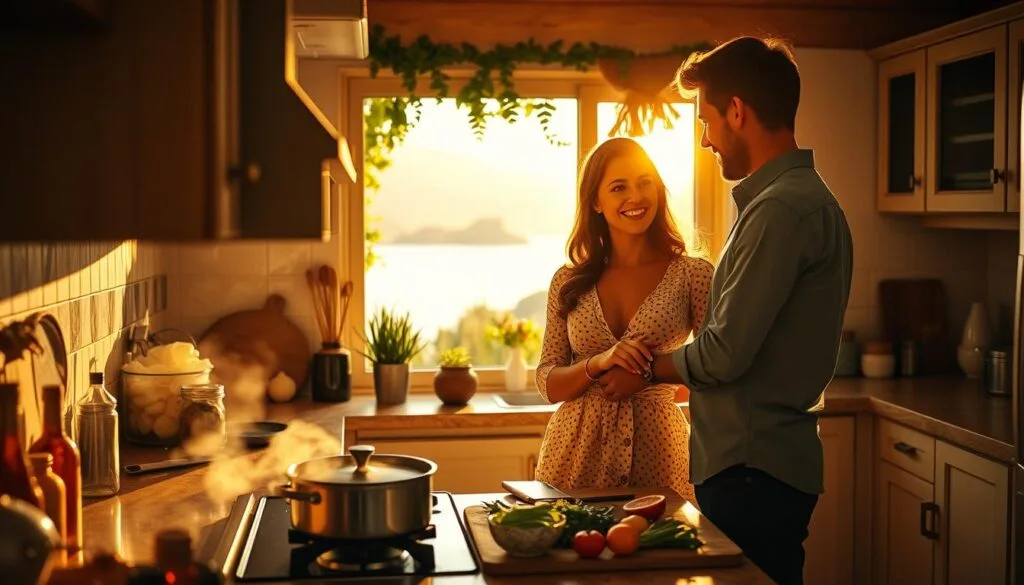 Cooking together on home honeymoon