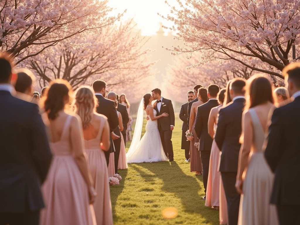 Elegant outdoor spring wedding with guests in pastel attire under cherry blossoms