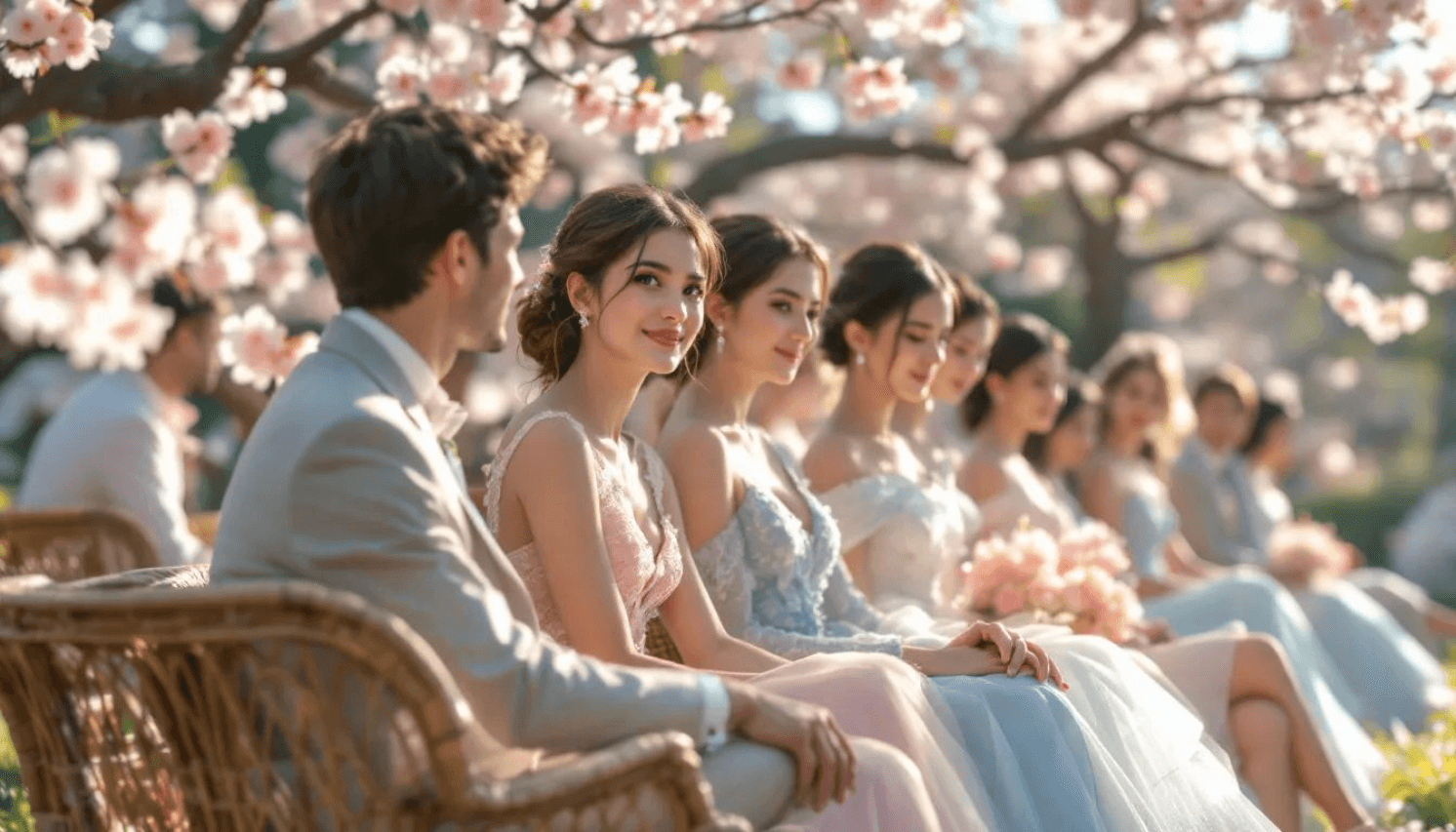Elegant outdoor spring wedding with guests in pastel attire under cherry blossoms