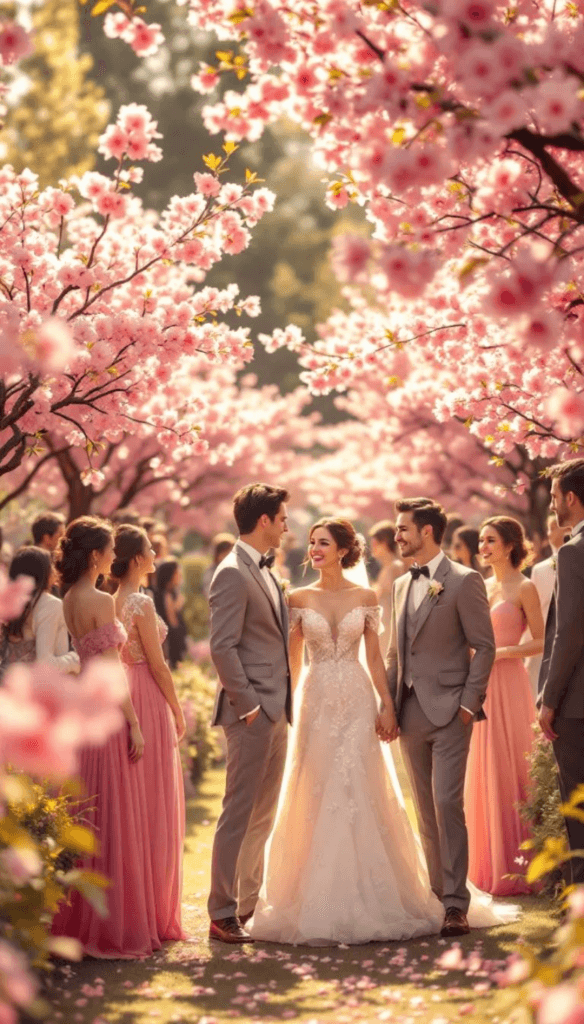 Bridesmaids in mismatched pastel dresses posing in a field of wildflowers