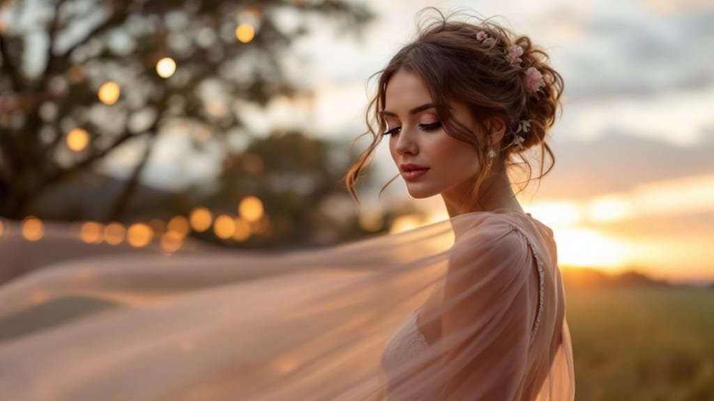 Elegant wedding guest layering a chiffon shawl over her pastel dress at sunset