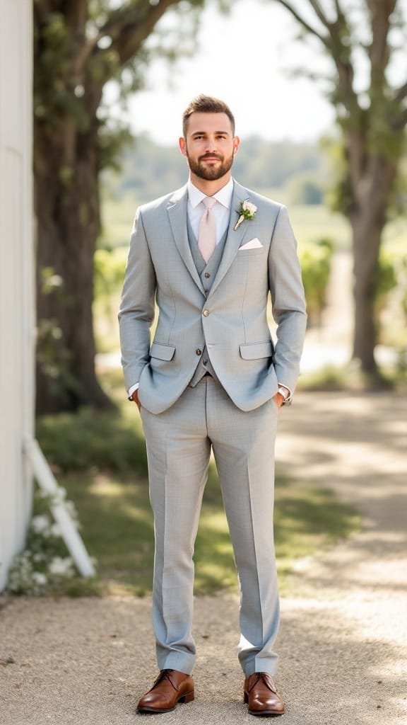 Stylish groom in a light gray suit with pastel accents at a vineyard wedding