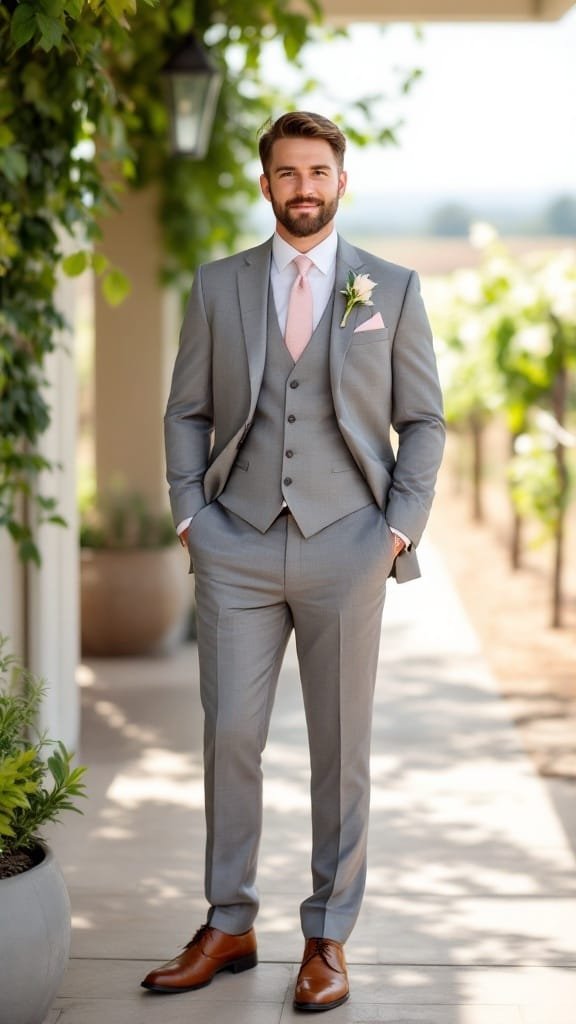 Stylish groom in a light gray suit with pastel accents at a vineyard wedding