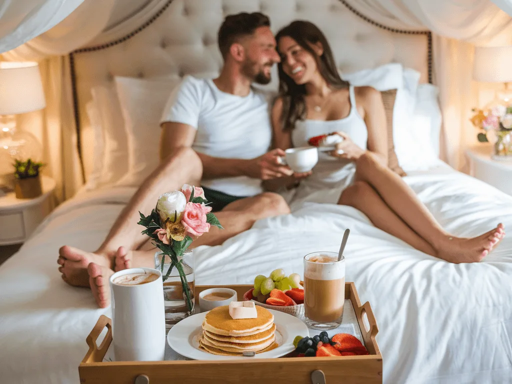 breakfast in bed romantic staycation home honeymoon