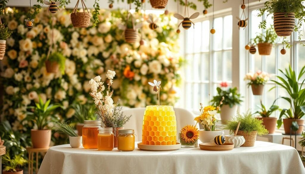 A bright, airy bridal shower scene set against a lush, floral backdrop. In the foreground, a beautifully decorated table with a tablecloth adorned with a delicate honeycomb pattern. Atop the table, an assortment of bee-themed accents - a golden honeycomb centerpiece, ceramic honey jars, and rustic wooden honey dippers. Surrounding the table, a mix of potted plants, fresh flowers, and whimsical bee decorations hang from the ceiling, creating a warm, inviting atmosphere. Natural light filters in through large windows, casting a soft, golden glow over the entire scene. The overall mood is one of rustic elegance, perfectly capturing the "Bride-to-Bee" theme. Bridal Shower Theme Ideas - "Bride-to-Bee" theme.