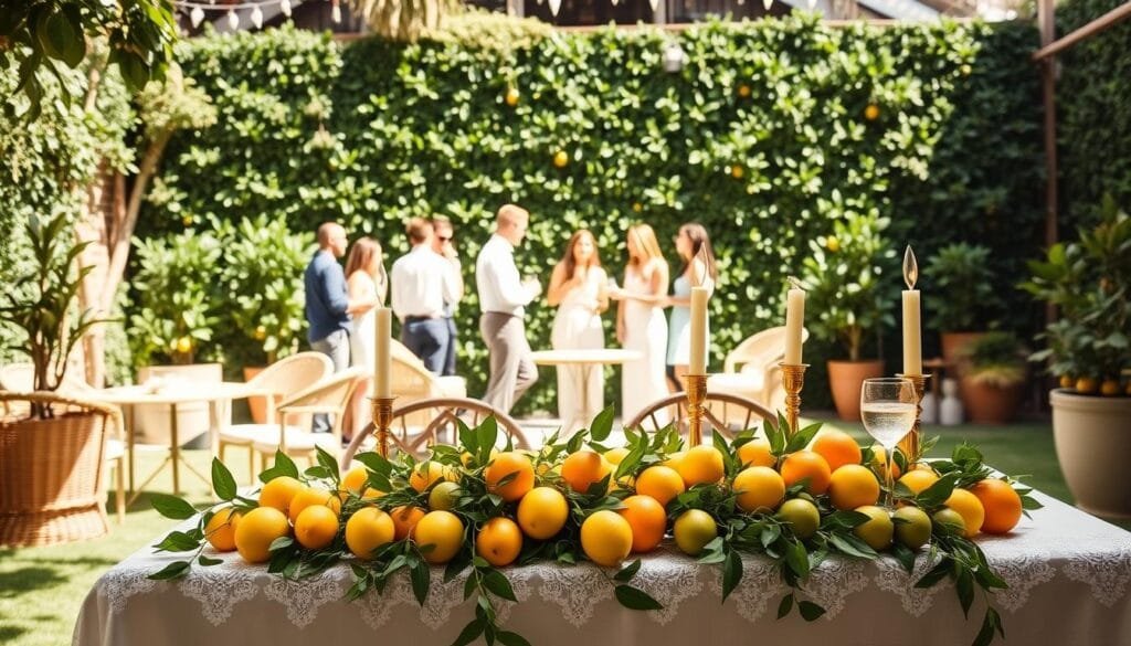 A bright and airy citrus-themed bridal shower in a sun-drenched garden. In the foreground, a beautifully decorated table with lemons, limes, and oranges cascading down the center, accented by delicate lace and golden candle holders. In the middle ground, guests mingle amongst a mix of rattan chairs and potted citrus trees, sipping refreshing cocktails. In the background, a lush greenery wall serves as a stunning backdrop, creating a sense of lush, botanical elegance. Soft, natural lighting filters through, infusing the scene with a warm, inviting glow. The overall mood is one of fresh, vibrant celebration, perfectly capturing the "Main Squeeze" citrus-themed bridal shower. Bridal Shower Theme Ideas - A bright and airy citrus-themed bridal shower
