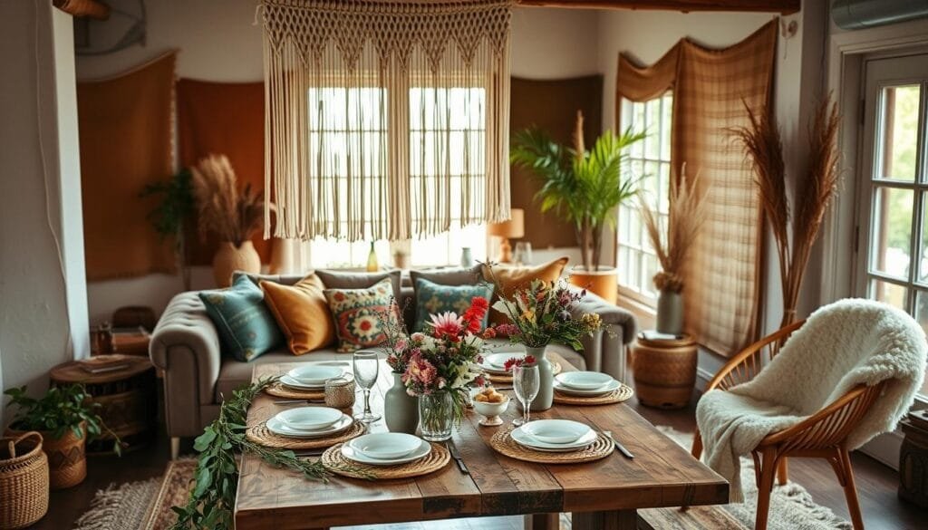 A cozy and inviting boho-inspired bridal shower scene. In the foreground, a large macrame wall hanging with tassels and floral accents hangs above a rustic wood table set with mismatched ceramic plates, woven placemats, and delicate glassware. Trailing vines and foliage cascade down the table, complemented by bouquets of wildflowers in vintage-style vases. The middle ground features a plush velvet sofa adorned with colorful throw pillows, and a rattan chair draped with a fluffy sherpa blanket. Soft, diffused lighting filters in through large windows, casting a warm, romantic glow over the space. In the background, earthy-toned textiles and natural wood accents create a relaxed, bohemian ambiance. Bridal Shower Theme Ideas - boho-inspired bridal shower scene.