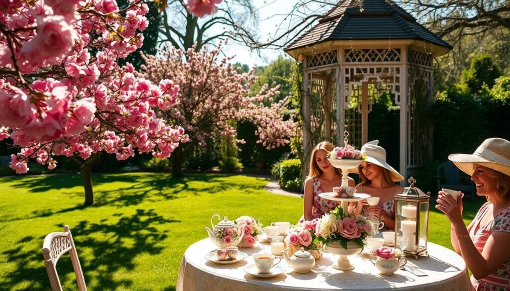 A cozy, sun-dappled tea party bridal shower in a whimsical garden setting. In the foreground, a beautifully laid table with antique china, delicate pastel floral arrangements, and tiered cake stands. Guests sip fragrant tea from vintage teacups, dressed in floral sundresses and wide-brimmed hats. The middle ground features a lush green lawn dotted with blooming rhododendrons and cherry blossom trees, casting a soft, romantic light. In the background, a charming Victorian-style gazebo entwined with trailing vines and fairy lights, creating an enchanting atmosphere for this intimate celebration. Bridal Shower Theme Ideas - A cozy, sun-dappled tea party bridal shower