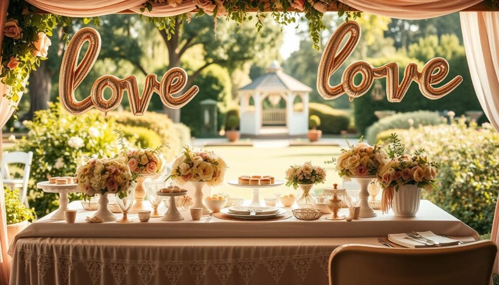 A lavish bridal shower in a cozy, sun-drenched garden setting. The foreground features a beautifully decorated table, adorned with delicate floral arrangements, pastel-colored cake stands, and an assortment of sweet treats. In the middle ground, Taylor Swift-inspired decor elements are subtly woven throughout, including glittering "Lover" balloons, lace-trimmed napkins, and vintage-inspired place settings. The background showcases a lush, verdant landscape with a gazebo in the distance, creating a dreamy, romantic atmosphere. Warm, natural lighting illuminates the scene, casting a soft, golden glow and emphasizing the elegant, feminine aesthetic. The overall mood is one of whimsy, sophistication, and a touch of vintage charm, perfectly capturing the "bride era" vibe. Bridal Shower Theme Ideas - Swiftie Bridal Shower