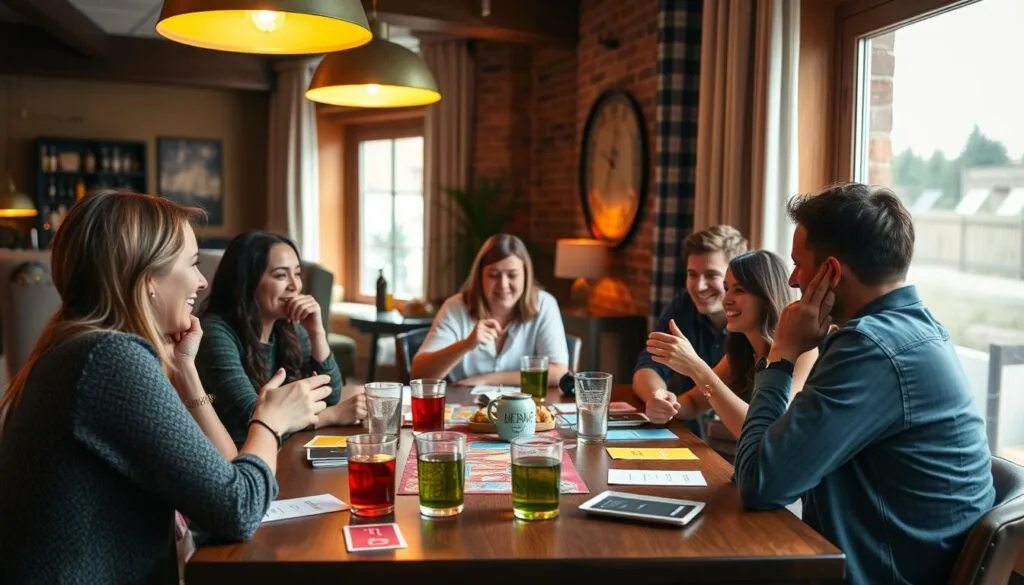 Bachelorette Games to Make Your Party a Blast - A lively party scene with friends playing the classic icebreaker game "Two Truths and a Lie". 