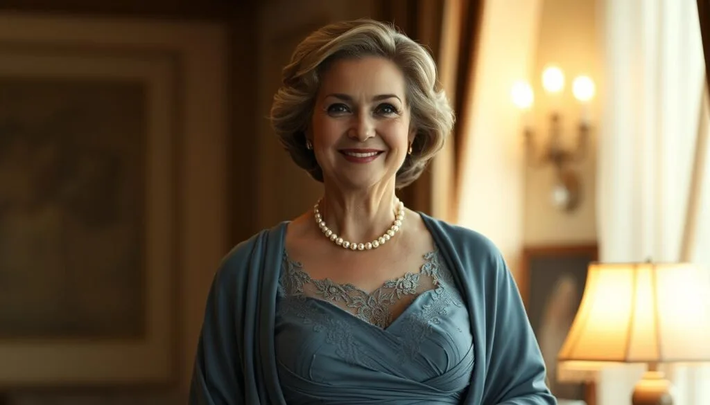 A middle-aged woman in a formal, elegant gown stands gracefully, her expression radiating poise and refinement. The dress is a soft, muted shade of blue with delicate lace detailing, complemented by a shawl or wrap draped over her shoulders. The lighting is warm and soft, creating a cozy, intimate atmosphere. The background is out of focus, allowing the subject to be the central focus. The camera angle is slightly elevated, giving a sense of admiration and respect for the woman's regal presence. The overall mood is one of timeless sophistication and the subtle celebration of a cherished role. mother of the groom - A middle-aged woman in a formal, elegant gown stands gracefully, her expression radiating poise and refinement.