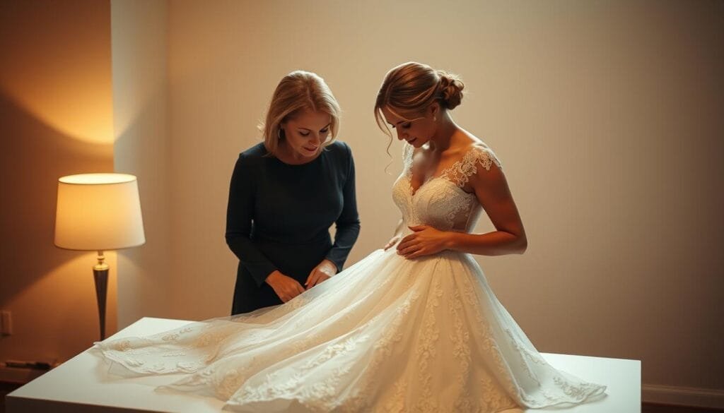 A mother and daughter, both in elegant attire, standing side by side, examining a beautiful wedding dress laid out on a table before them. The dress is a stunning collaboration, with delicate lace and intricate embroidery, a testament to their shared vision and care. Soft, warm lighting illuminates the scene, creating a serene and intimate atmosphere. The background is blurred, allowing the focus to remain on the emotional connection between the two women as they work together to bring the bride's dream to life. Modern Wedding Planning - mother and daughter examining a beautiful wedding dress
