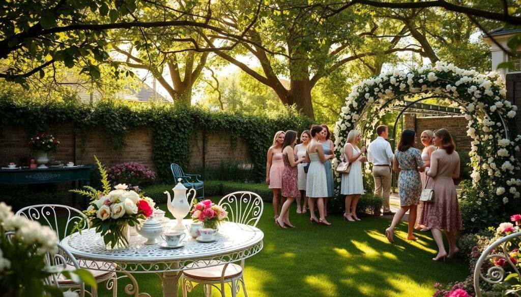 A sun-dappled garden, lush with blooming flowers and verdant foliage. In the foreground, a white wrought-iron table laden with an elegant tea service, fine china, and delicate floral arrangements. Guests dressed in chic, pastel-hued garden party attire mingle and chat, sipping tea and enjoying the tranquil ambiance. Light streams in through the canopy of trees, casting a warm, soft glow over the scene. The backyard is framed by a picturesque stone wall, ivy-covered trellises, and a whimsical archway covered in cascading vines and blossoms. Capturing the essence of a charming, romantic "Love is in Bloom" garden party. Bridal Shower Theme Ideas - Garden Party