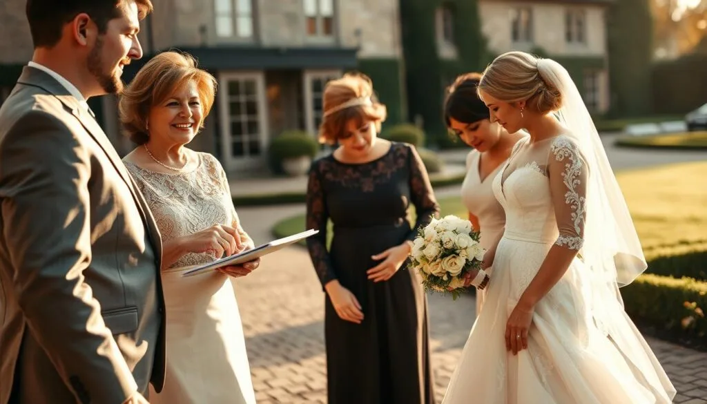 A warm, candid scene of a mother of the groom coordinating her son's wedding day. In the foreground, the mother, elegantly dressed in a flattering midi dress, stands beside the groom, offering a reassuring smile and gentle touch as they review the day's schedule. The middle ground features the bride, her gown a vision of delicate lace and satin, as she consults with the mother, their heads bent together in conversation. The background showcases the venue, a stately manor house with sweeping gardens, bathed in golden afternoon light that casts a soft, romantic glow over the scene. The overall mood is one of graceful collaboration, familial love, and the excitement of a new chapter unfolding. mother of the groom - A warm, candid scene of a mother of the groom coordinating her son's wedding day.