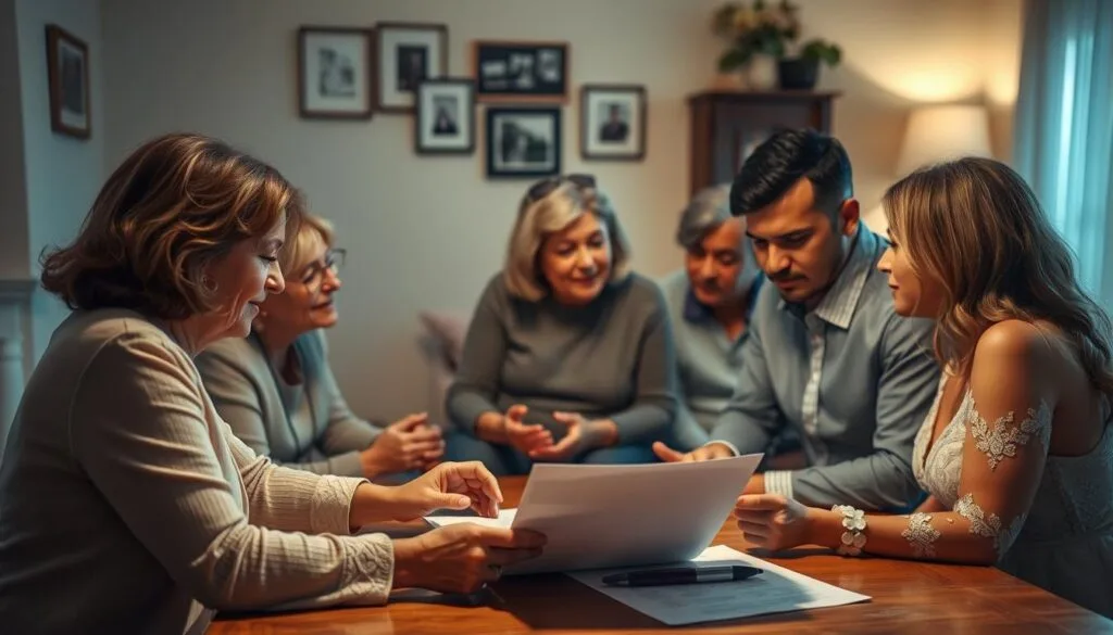 A warm, softly lit scene of a family gathered around a table, engaged in a thoughtful discussion about wedding plans. In the foreground, the mother of the groom leans in, listening intently as the bride and groom review a wedding planning checklist. The middle ground features the couple's parents, exchanging ideas and gestures, while the background showcases a cozy living room setting with family photographs and décor that hints at the couple's personal style. The mood is one of collaborative problem-solving, with a sense of mutual understanding and respect as they navigate the delicate balance of wedding traditions and family dynamics. mother of the groom - Managing family dynamics