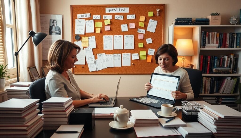 A well-organized guest list management scene in a warm, cozy home office. In the foreground, a mother sits at a desk, meticulously updating a guest list on her laptop, surrounded by stacks of wedding invitations, color-coded RSVP cards, and a cup of steaming tea. The middle ground features a large corkboard adorned with sticky notes, seating charts, and vendor contacts, illuminated by the soft glow of a desk lamp. In the background, bookshelves filled with wedding planning guides and a framed family photo create a sense of personal connection and attention to detail. The overall atmosphere exudes a combination of professionalism, organization, and the nurturing presence of a mother guiding her child through the wedding planning process. Modern Wedding Planning - mother's role in wedding planning