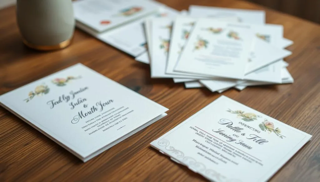 Planning a Wedding Budget - A beautifully designed wedding invitation with delicate floral elements, laid out on a wooden table with a soft, diffused natural lighting. 