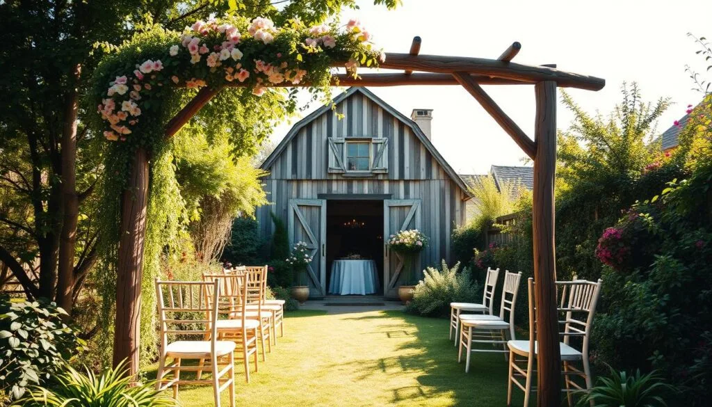 Planning a Wedding Budget - sun-drenched garden with lush greenery and vibrant florals serves as the backdrop for an intimate, rustic wedding venue.