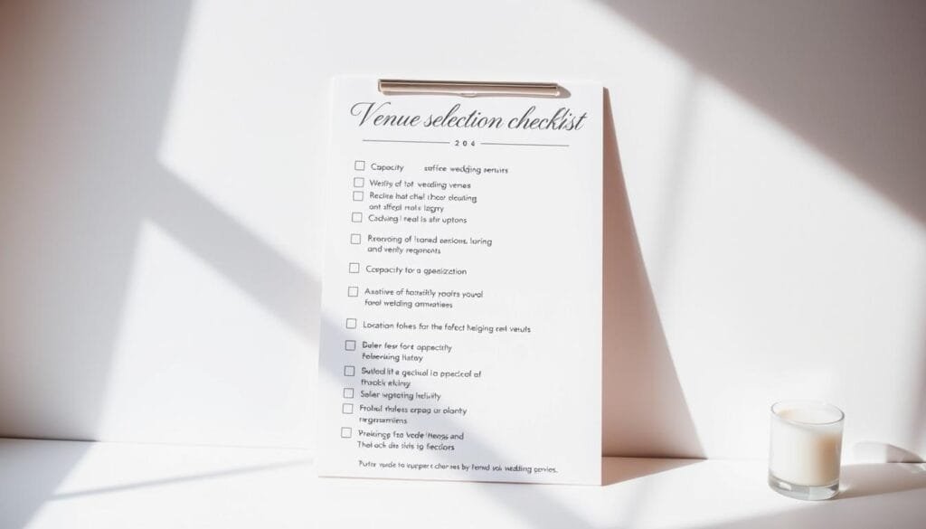 Venue selection checklist: a beautifully-lit, detailed checklist of factors to consider when selecting the perfect wedding venue, such as capacity, style, amenities, and location. The checklist is presented on a clean, minimalist background, with elegant typography and subtle design elements that evoke the sophistication and importance of this strategic wedding planning decision. The lighting is soft and natural, creating a serene and inviting atmosphere that aligns with the "Mother's Essential Guide to Wedding Planning" theme. The composition is well-balanced, with the checklist as the clear focal point, and the background providing just enough context without distracting from the main subject. Modern Wedding Planning - Venue selection checklist