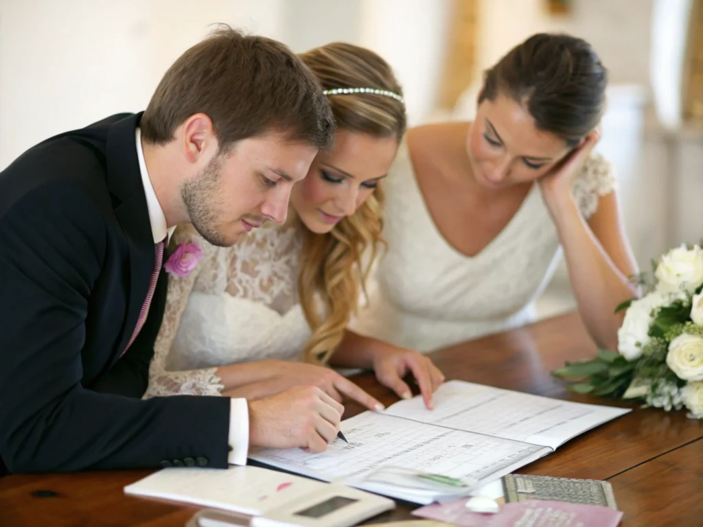 Planning a Wedding Budget - An expert wedding planner reviewing budget figures with a young couple