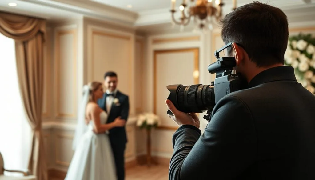 Planning a Wedding Budget - A well-lit indoor scene with a photographer capturing a couple posing for their wedding portraits. 