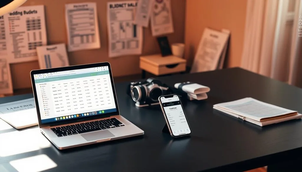 Planning a wedding budget - A sleek and modern desktop workspace with a laptop, smartphone, and several budgeting app screens open, all positioned neatly. 