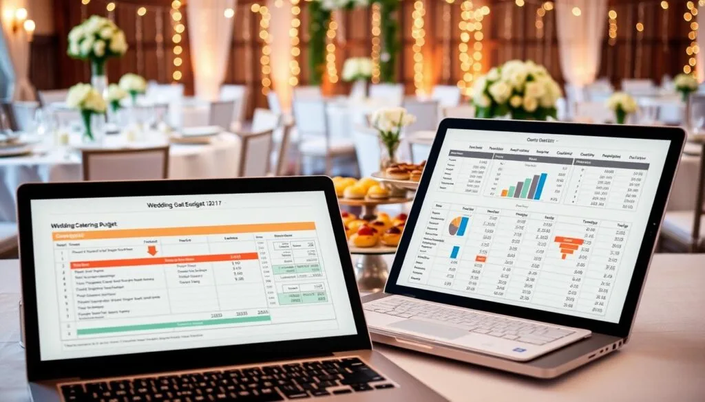 Planning a Wedding Budget - a detailed wedding catering budget spreadsheet, with carefully calculated figures and pie charts. 