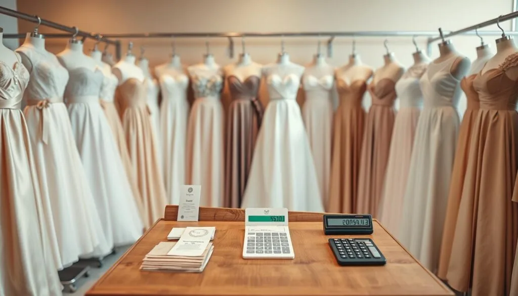 Planning a Wedding Budget - A well-lit, high-resolution photograph of a professional wedding attire display. 