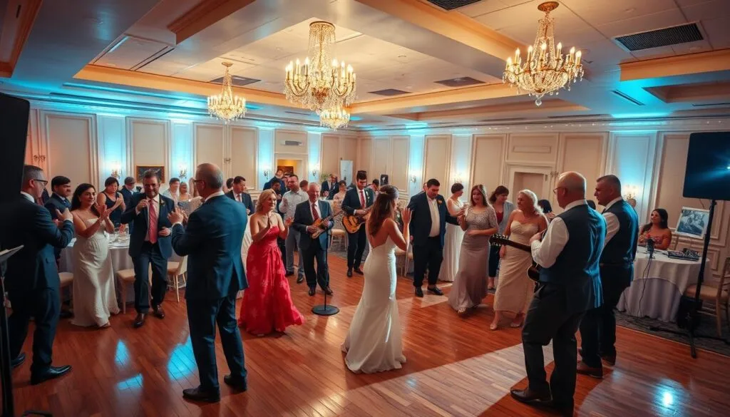Planning a Wedding Budget - A lively wedding reception with a talented live band playing upbeat music on a well-lit stage. 