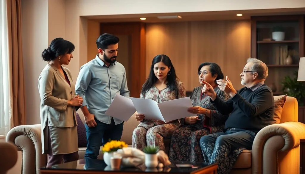 A couple stands in a living room, their body language tense as they discuss wedding plans with two disapproving in-laws seated on a plush sofa. Warm lighting casts a soft glow, creating an intimate atmosphere. The couple maintains a calm, assertive stance, establishing clear boundaries while the in-laws gesture emphatically. The background is blurred, focusing attention on the central conflict. A sense of unease and determination permeates the scene, as the couple navigates the delicate balance of incorporating family opinions while upholding their own vision for their special day.