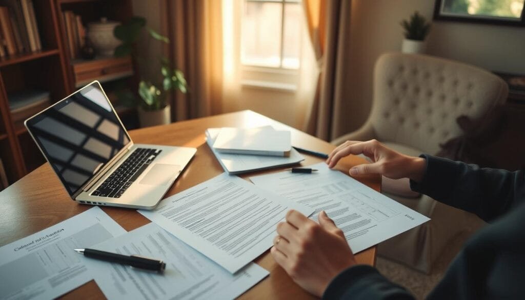 A cozy home office setting, with a neatly organized desk displaying a laptop, papers, and a pen. Soft, natural lighting streams in through a nearby window, casting a warm glow. On the desk, a variety of wedding-related documents and vendor contracts are spread out, as the homeowner carefully reviews and compares different options. The atmosphere is one of focused concentration and diligent preparation, setting the stage for the "Pre-Negotiation Preparation and Strategies" section of the article. My wedding journey - vendor contract tips - A cozy home office setting, with a neatly organized desk, setting the stage for the "Pre-Negotiation Preparation and Strategies" section of the article.