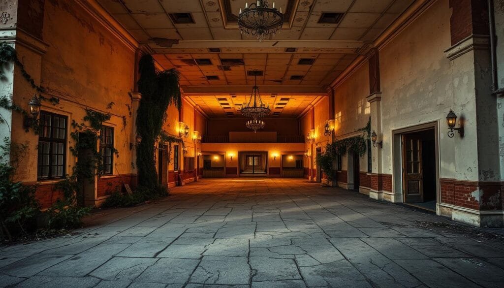 A dilapidated wedding venue, its once-grand facade now marred by crumbling plaster and peeling paint. Overgrown weeds creep up the sides, casting long shadows across the cracked and uneven pavement. Inside, the main hall lies in disrepair, with sagging ceilings, wobbly floorboards, and dusty, neglected decor. Dim, flickering lights cast an eerie, ominous glow, hinting at the venue's limited availability and lack of proper maintenance. The overall atmosphere conveys a sense of neglect and disrepair, a stark contrast to the joyous celebration a wedding should embody. My Wedding Journey - How to spot wedding venue red flags - A dilapidated wedding venue, its once-grand facade now marred by crumbling plaster and peeling paint. Overgrown weeds creep up the sides, casting long shadows across the cracked and uneven pavement. Inside, the main hall lies in disrepair, with sagging ceilings, wobbly floorboards, and dusty, neglected decor. Dim, flickering lights cast an eerie, ominous glow, hinting at the venue's limited availability and lack of proper maintenance. The overall atmosphere conveys a sense of neglect and disrepair, a stark contrast to the joyous celebration a wedding should embody.