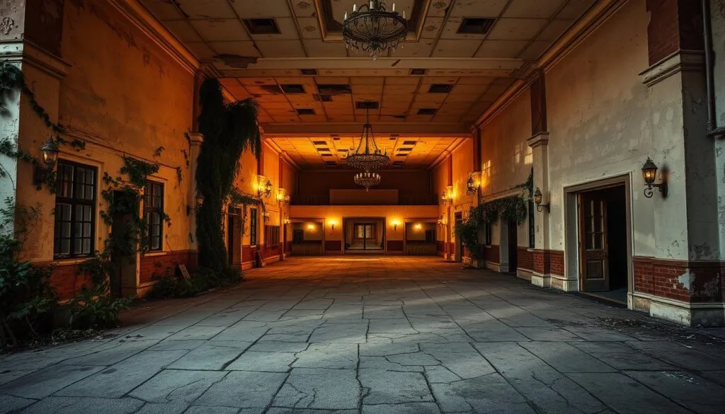 My Wedding Journey - How to spot wedding venue red flags -  A dilapidated wedding venue, its once-grand facade now marred by crumbling plaster and peeling paint. Overgrown weeds creep up the sides, casting long shadows across the cracked and uneven pavement. Inside, the main hall lies in disrepair, with sagging ceilings, wobbly floorboards, and dusty, neglected decor. Dim, flickering lights cast an eerie, ominous glow, hinting at the venue's limited availability and lack of proper maintenance. The overall atmosphere conveys a sense of neglect and disrepair, a stark contrast to the joyous celebration a wedding should embody.