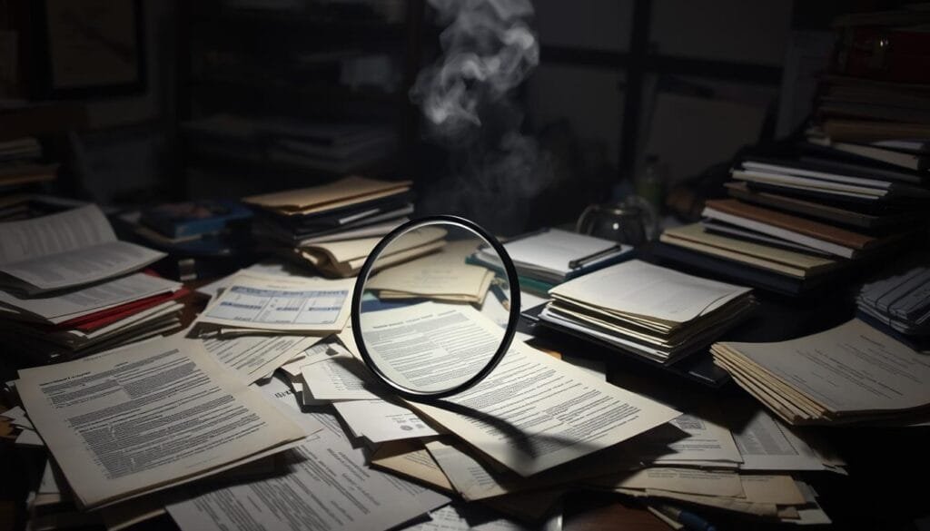 A dimly lit, cluttered office space with various documents, folders, and financial statements strewn across a messy desk. A magnifying glass hovers over the fine print, casting an eerie glow on the scene. The background is hazy, with a sense of unease and hidden agendas. The image conveys the idea of uncovering the elusive details and unexpected costs that can lurk in a venue's contract, casting a shadow over the excitement of wedding planning. My Wedding Journey - How to spot wedding venue red flags - A dimly lit, cluttered office space with various documents, folders, and financial statements strewn across a messy desk. A magnifying glass hovers over the fine print, casting an eerie glow on the scene. The background is hazy, with a sense of unease and hidden agendas. The image conveys the idea of uncovering the elusive details and unexpected costs that can lurk in a venue's contract, casting a shadow over the excitement of wedding planning.