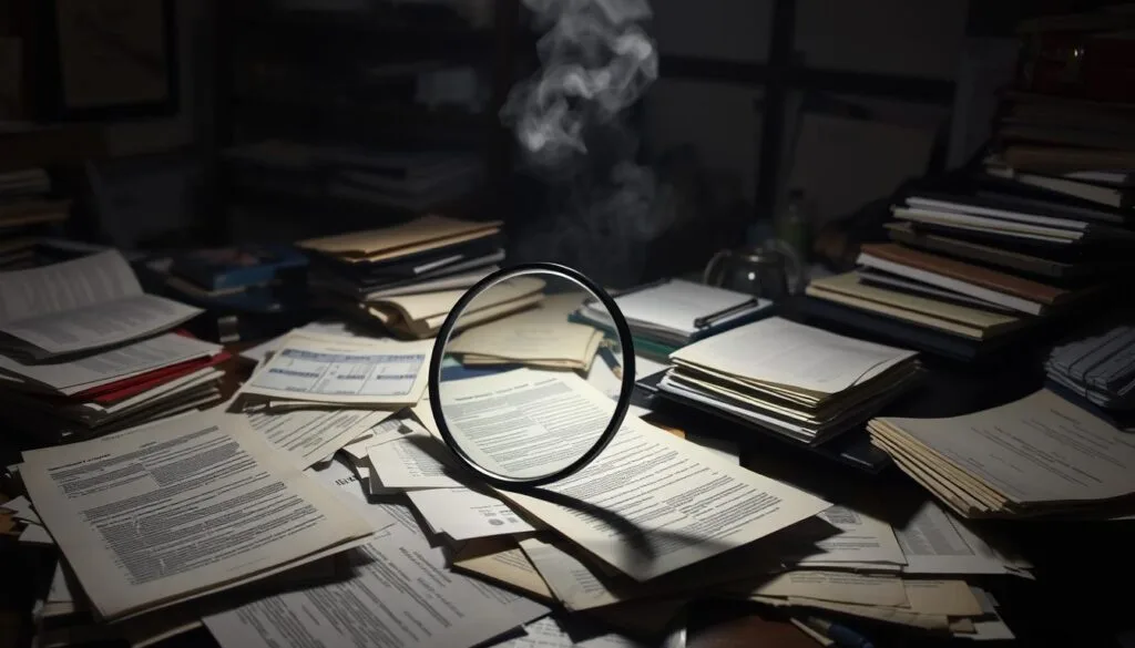 My Wedding Journey - How to spot wedding venue red flags -  A dimly lit, cluttered office space with various documents, folders, and financial statements strewn across a messy desk. A magnifying glass hovers over the fine print, casting an eerie glow on the scene. The background is hazy, with a sense of unease and hidden agendas. The image conveys the idea of uncovering the elusive details and unexpected costs that can lurk in a venue's contract, casting a shadow over the excitement of wedding planning.