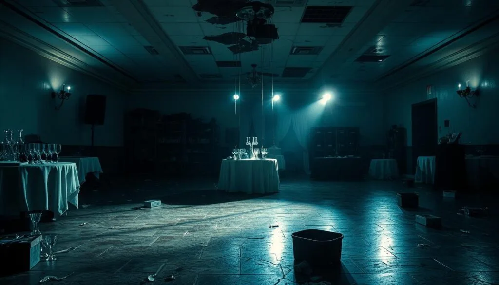 My Wedding Journey - How to spot wedding venue red flags -  A dimly lit wedding venue, casting ominous shadows across the scene. In the foreground, a cracked and peeling dance floor, a symbol of neglect. Overflowing ashtrays and discarded champagne flutes litter the tables, hinting at poor maintenance. The middle ground reveals a water-stained ceiling, dripping ominously, while the background shows a cluttered storage area, filled with abandoned decor. A sense of unease pervades the space, as if the venue itself is a ticking time bomb, ready to derail the most joyous of occasions. The lighting is harsh, creating an atmosphere of foreboding, a visual warning to any couples considering this as their dream wedding destination.